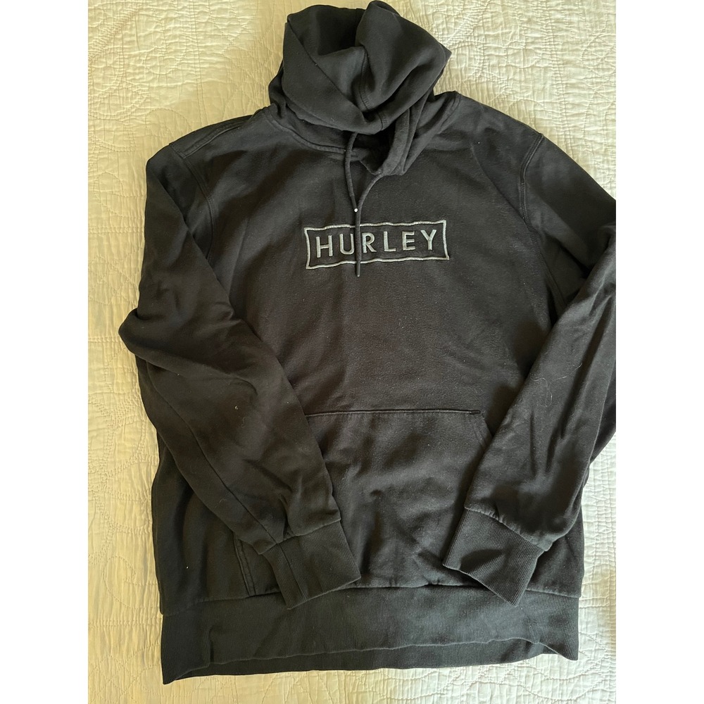 Hurley Mens Embroidered Box Logo Hoodie Black Fleece Pullover Large